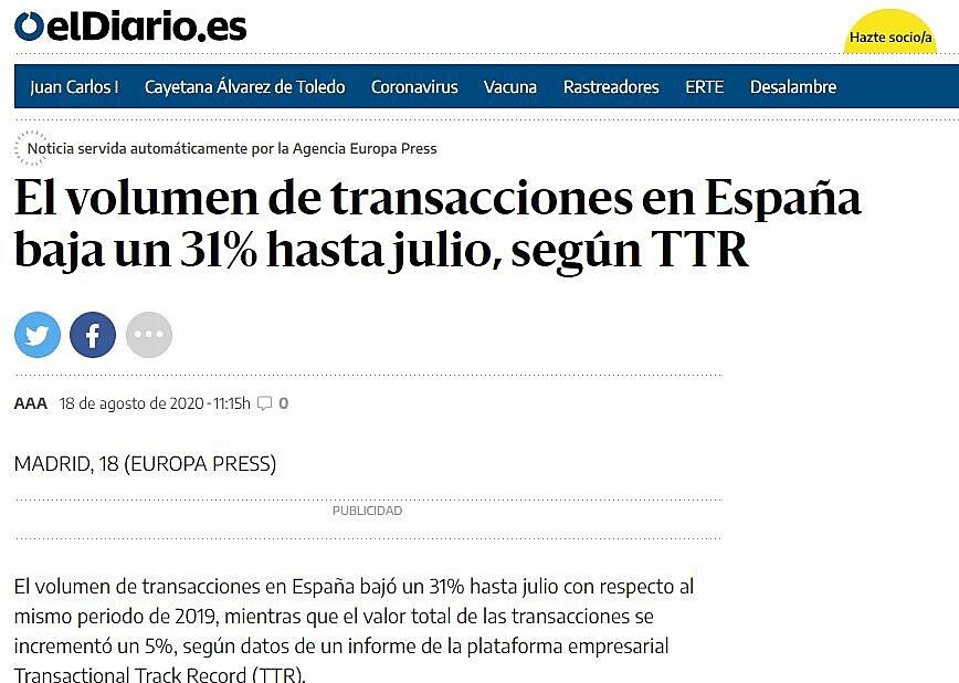 El volumen de transacciones en Espaa baja un 31% hasta julio, segn TTR